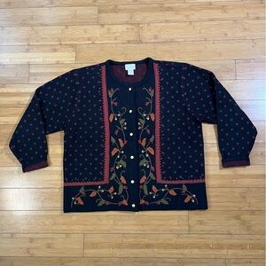 Crystal-Kobe Vintage Autumn Leaves Chic Black and Red Chunky Knit Cardigan
